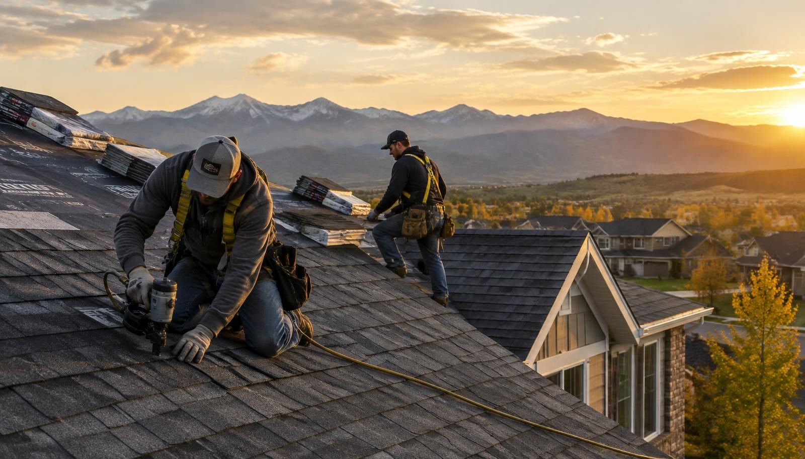 Foothills Ridge Roofing crew installing shingles