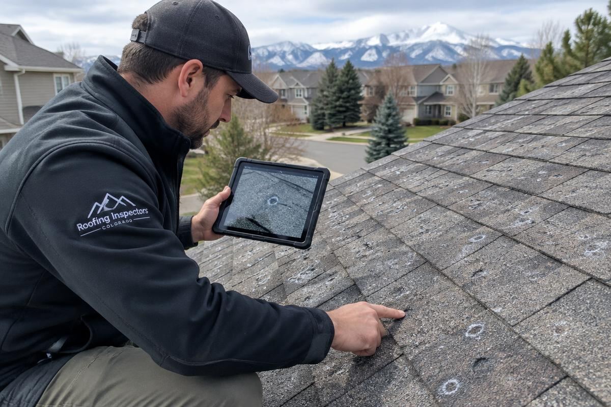 Roof inspector documenting hail damage on shingles in Arvada