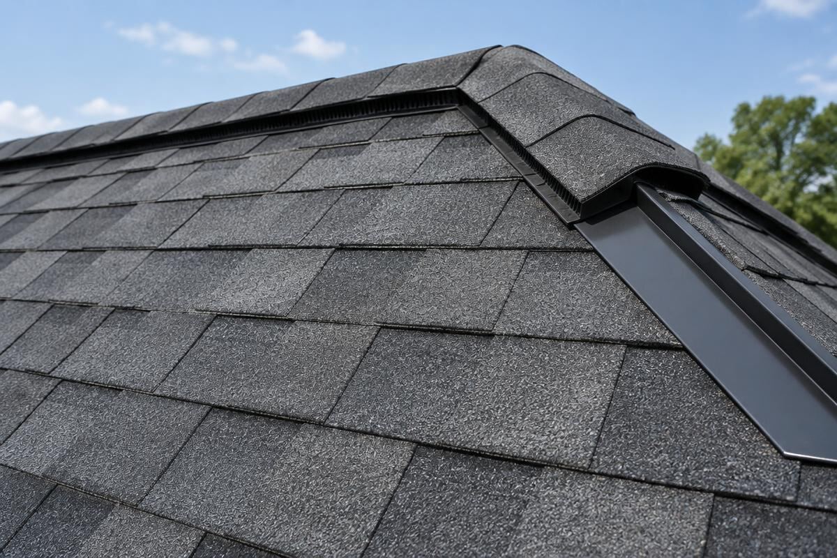 New architectural shingle roof with ridge vent and flashing